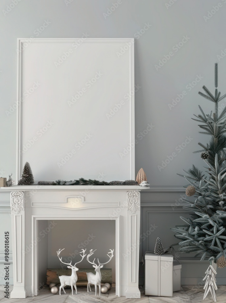 White fireplace mockup with blank frame, christmas tree and deers. Christmas interior background. White fireplace mockup with blank frame, christmas tree and deers. Christmas interior background.