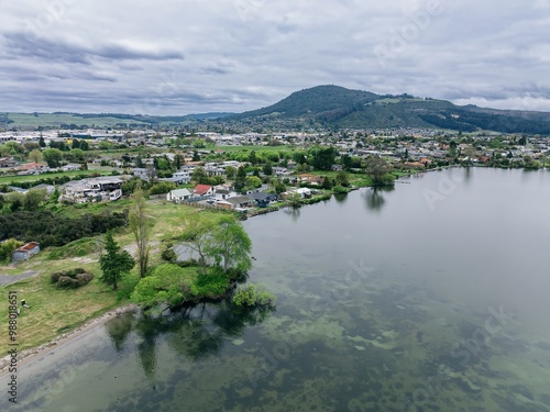 Lakefront and downtown in Ohinemutu, Rotorua, Bay of Plenty, New Zealand.