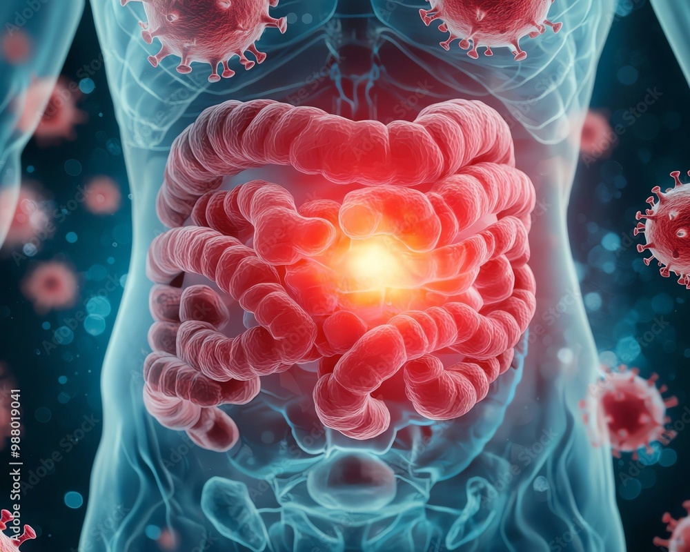 Human digestive system with inflammation. Highlighting intestinal pain and disease. Concept for gastrointestinal health and medical conditions. Human digestive system with inflammation. Highlighting intestinal pain and disease. Concept for gastrointestinal health and medical conditions.