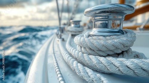 Close-up of a sailing rope and cleat on a boat at sea.