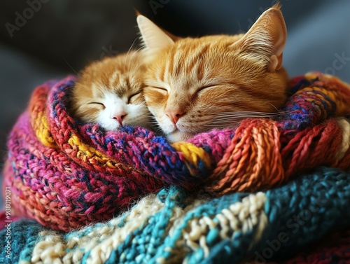 Two adorable kittens snuggle warmly in a colorful knitted blanket, showcasing a cozy and heartwarming moment of feline affection and comfort.