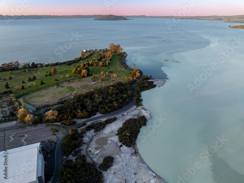 City skline and  Rotorua Lake, Bay of Plenty, New Zealand. photo