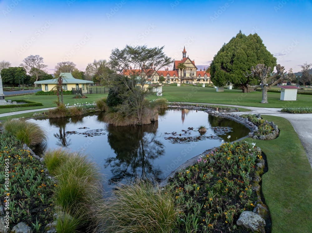 The Rotorua Museum, pond and park of the Government Gardens, Rotorua, Bay of Plenty, New Zealand. The Rotorua Museum, pond and park of the Government Gardens, Rotorua, Bay of Plenty, New Zealand.