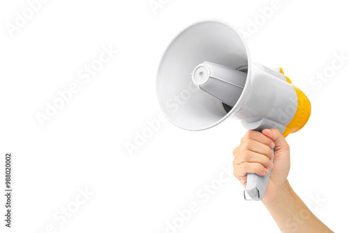 Fototapeta Naklejka Na Ścianę i Meble -  Woman holding megaphone speaker on white background, closeup