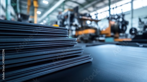 Wallpaper Mural A close-up of stacked black rubber sheets in a manufacturing facility, showcasing precision cutting and industrial production processes. Torontodigital.ca