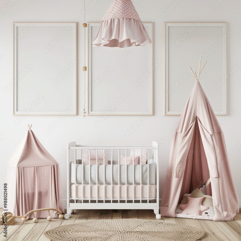 A serene pink and white baby nursery with a crib, teepee, rattan rug, and framed prints on the wall. A serene pink and white baby nursery with a crib, teepee, rattan rug, and framed prints on the wall.