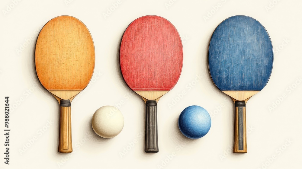 Three table tennis paddles with balls on a light background. Three table tennis paddles with balls on a light background.