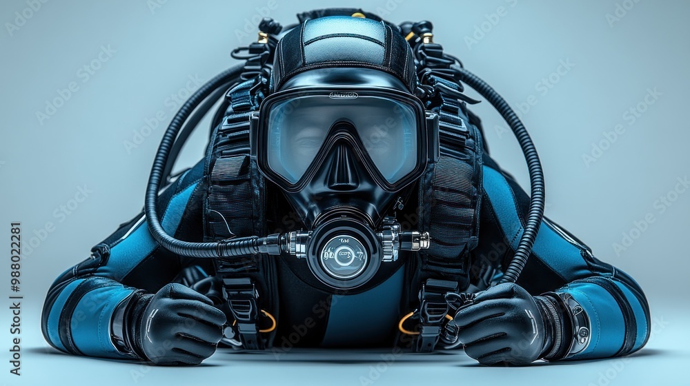 Fototapeta premium Diver in full gear preparing for underwater exploration.
