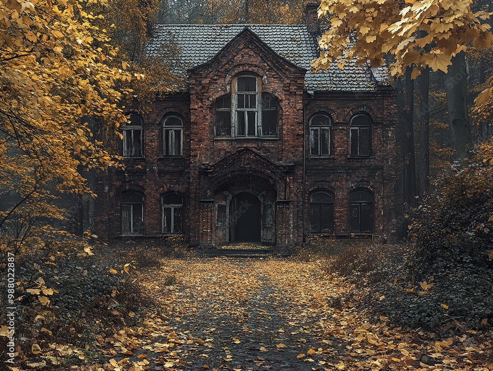 Abandoned Brick House in Autumn Woods - A Haunting Landscape Abandoned Brick House in Autumn Woods - A Haunting Landscape