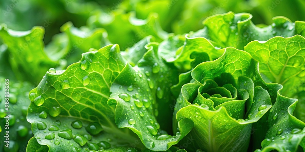Fresh Green Lettuce Leaves with Water Drops Closeup for Healthy Eating Concept Fresh Green Lettuce Leaves with Water Drops Closeup for Healthy Eating Concept