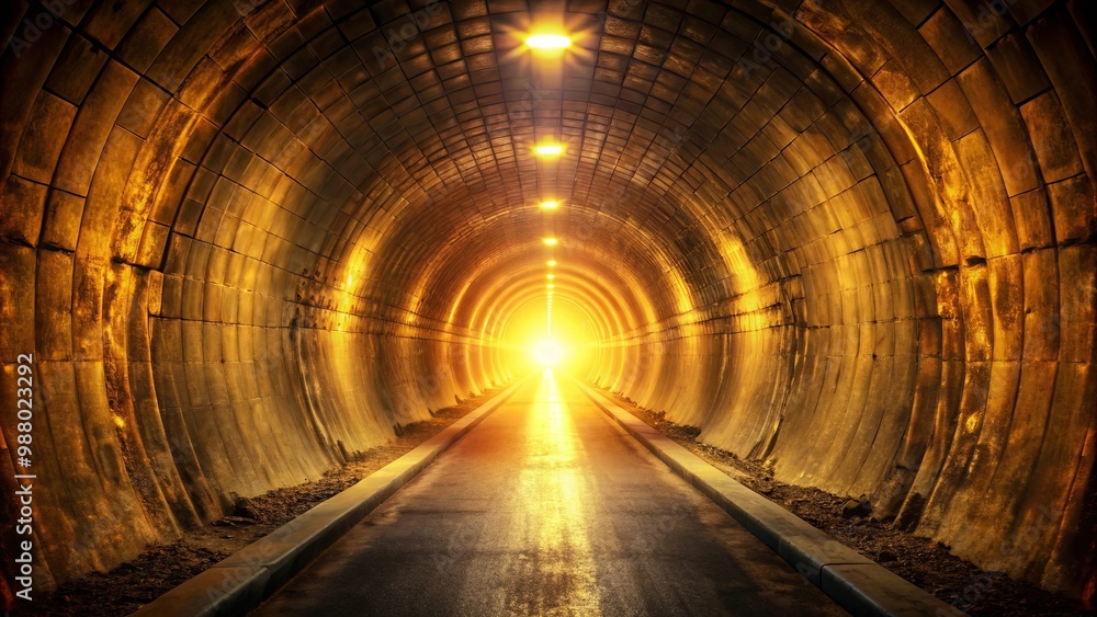 Glowing yellow light at both ends of dark tunnel illuminating mysterious path Glowing yellow light at both ends of dark tunnel illuminating mysterious path