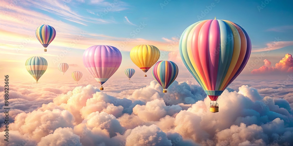 Fototapeta premium Pastel colored hot air balloons floating above fluffy clouds in the sky