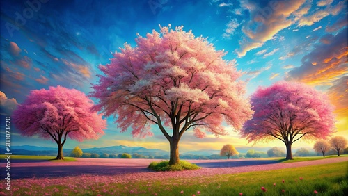 Stunning painting of three trees with vibrant pink flowers against a blue sky nature background landscape scene beauty spring blossom colorful floral beautiful peaceful serene tran photo