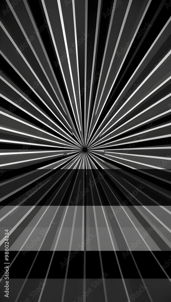 Obraz premium Black and white abstract rays converging toward the center, creating a dynamic visual effect in a linear perspective. Generative AI