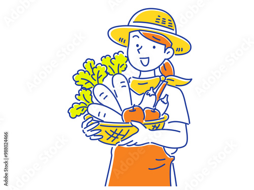 野菜を収穫して喜ぶ麦わら帽子とエプロンを身に着けた若い女性