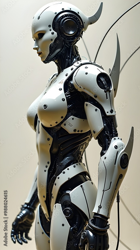 Fototapeta premium A sleek humanoid robot stands in a bright studio, showcasing advanced tech features powered by generative AI