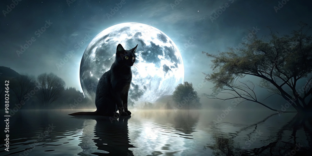 Fototapeta premium Mysterious black cat near water under full moon light with spooky atmosphere