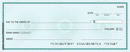 Blank bank check, checkbook cheque template or money payment paper voucher, vector mockup. Business or personal account cash pay cheque certificate or paycheck coupon from checkbook