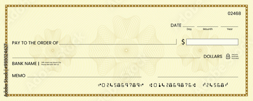 Blank bank check, checkbook cheque template or money payment paper voucher, vector mockup. Business or personal account cash pay cheque certificate or paycheck coupon from checkbook