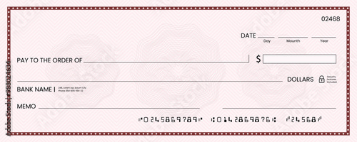 Blank bank check, checkbook cheque template or money payment paper voucher, vector mockup. Business or personal account cash pay cheque certificate or paycheck coupon from checkbook