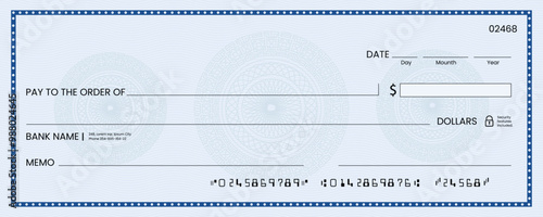 Blank bank check, checkbook cheque template or money payment paper voucher, vector mockup. Business or personal account cash pay cheque certificate or paycheck coupon from checkbook