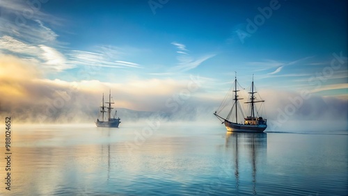 Misty seascape with two drifting ships in the fog, nautical themed stock photo