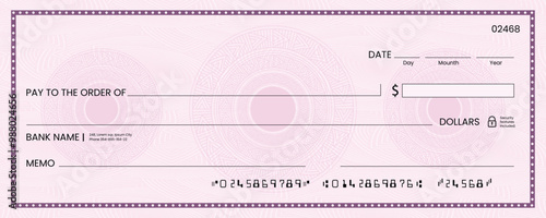 Blank bank check, checkbook cheque template or money payment paper voucher, vector mockup. Business or personal account cash pay cheque certificate or paycheck coupon from checkbook