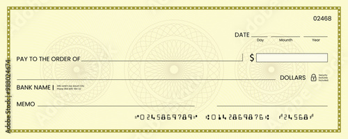 Blank bank check, checkbook cheque template or money payment paper voucher, vector mockup. Business or personal account cash pay cheque certificate or paycheck coupon from checkbook
