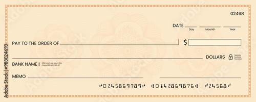 Blank bank check, checkbook cheque template or money payment paper voucher, vector mockup. Business or personal account cash pay cheque certificate or paycheck coupon from checkbook