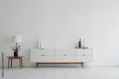 modern living room with white furniture, blank white paper on white wall, white brick wall background