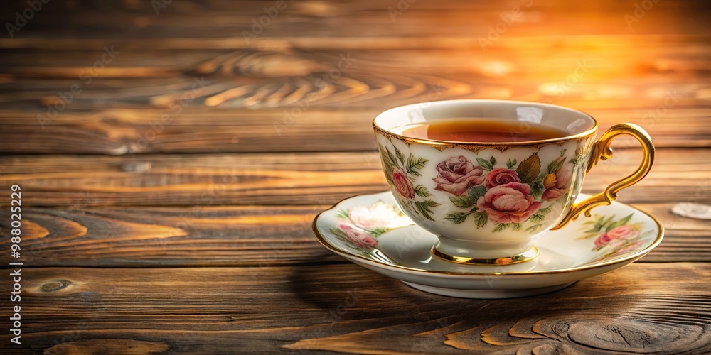 Obraz premium Elegant Tea Cup and Saucer Set on Wooden Table with Classic Styling