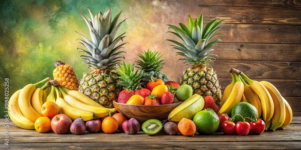 Display of Fresh and Colorful Fruits including Bananas and Pineapples on a Table Display of Fresh and Colorful Fruits including Bananas and Pineapples on a Table