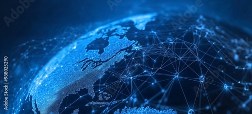 Interconnected Global Network Visualization with Futuristic Blue Illuminated Data Patterns