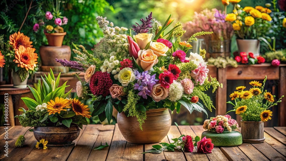 Fototapeta premium Lush floral arrangement on a wooden table surrounded by various plants and flowers