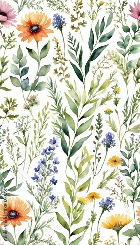 illustration seamless pattern floral watercolor plants horizontal seamless olated rbs pattern panoramic leaves wildflowers wildflower meadow watercolor seamless summer green pattern decoration