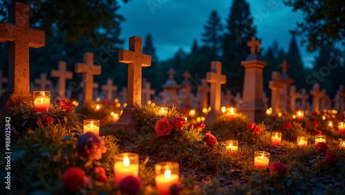 Cemetery at Night During Day of the Dead, A candle-lit cemetery, decorating them with flowers, candles, and offerings, while the soft glow illuminates the night sky.