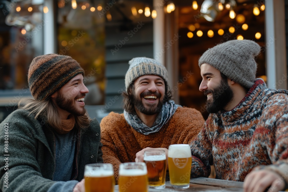 Friends enjoying beers at a local restaurant in cozy autumn attire after a long workday Friends enjoying beers at a local restaurant in cozy autumn attire after a long workday