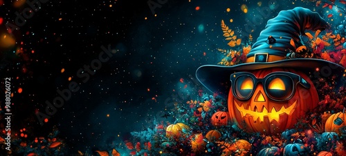Playful Abstract Halloween Background with Glowing Pumpkin and Spooky Elements