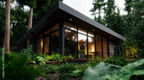 Contemporary glass cabin nestled in a lush forest, with warm interior lighting reflecting through large windows, creating a serene retreat..