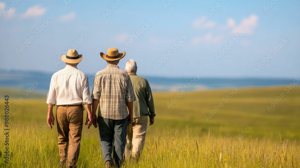 A group of elderly men walks through a grassy field under a blue sky, heading towards the horizon, enjoying the calm and the vast open landscape. A group of elderly men walks through a grassy field under a blue sky, heading towards the horizon, enjoying the calm and the vast open landscape.