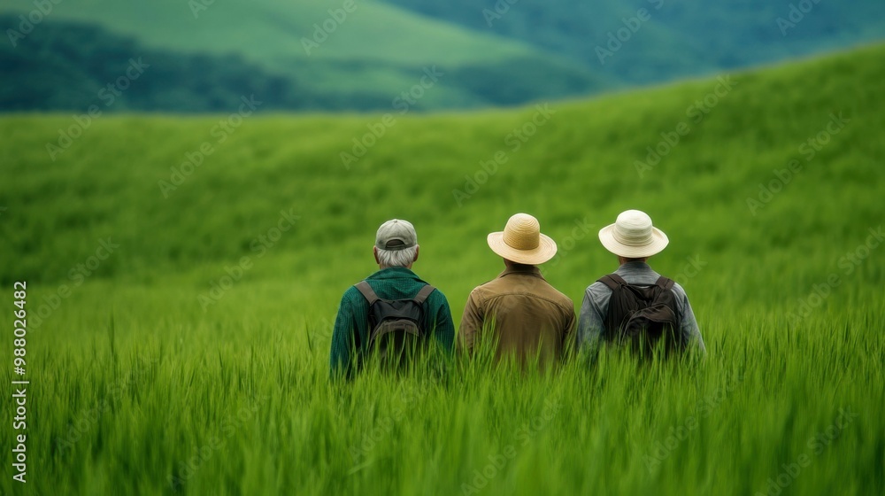 Three elderly men walk through lush green fields, wearing hats and backpacks, enjoying a peaceful hike through nature's beauty. Three elderly men walk through lush green fields, wearing hats and backpacks, enjoying a peaceful hike through nature's beauty.