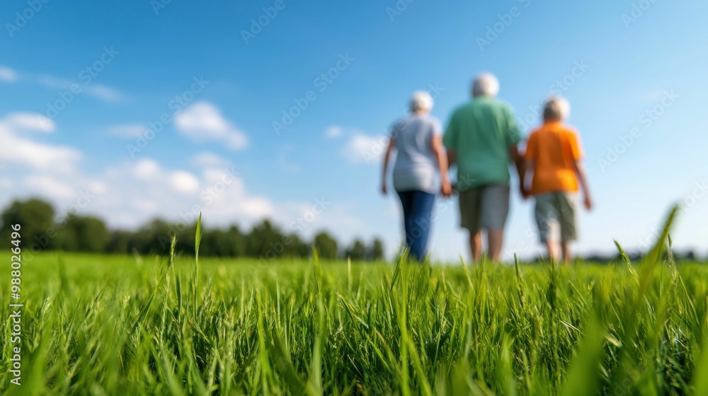 A group of elderly individuals walk hand in hand through a sunny green field, enjoying the fresh air and nature's beauty together. A group of elderly individuals walk hand in hand through a sunny green field, enjoying the fresh air and nature's beauty together.