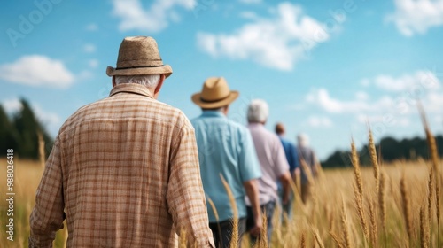 A group of elderly people, dressed casually with hats, walking through a field of wheat on a sunny day, enjoying nature and fresh air..