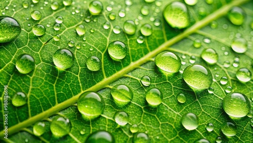 Close-up of a vibrant green leaf with fresh water droplets in natural light