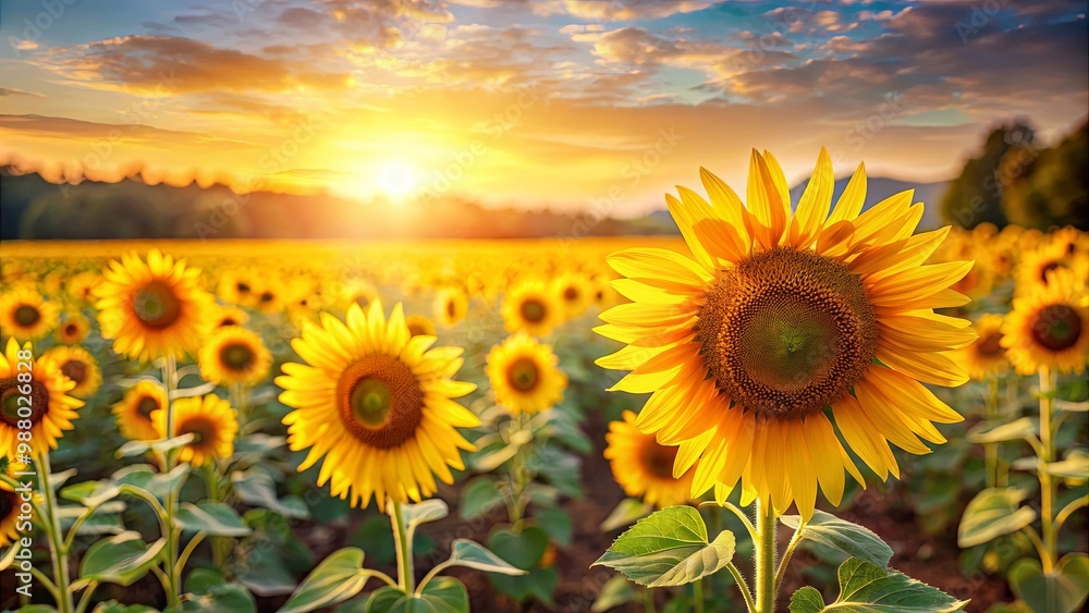 Fototapeta premium Magical sunflower field with vibrant yellow flowers under the golden sunlight