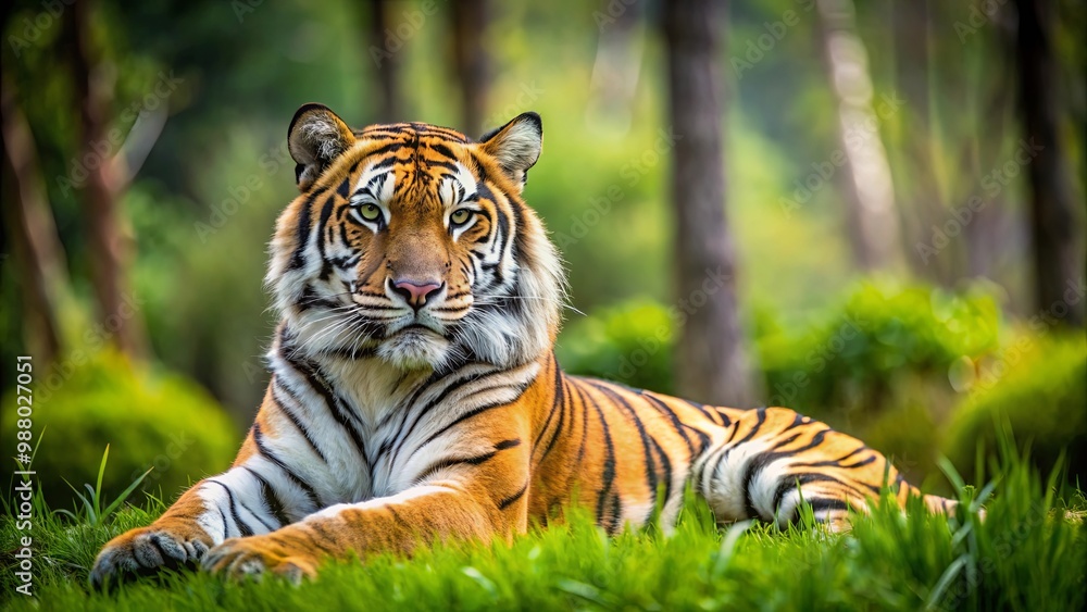 Obraz premium Close up of a tiger relaxing on green grass with trees in background
