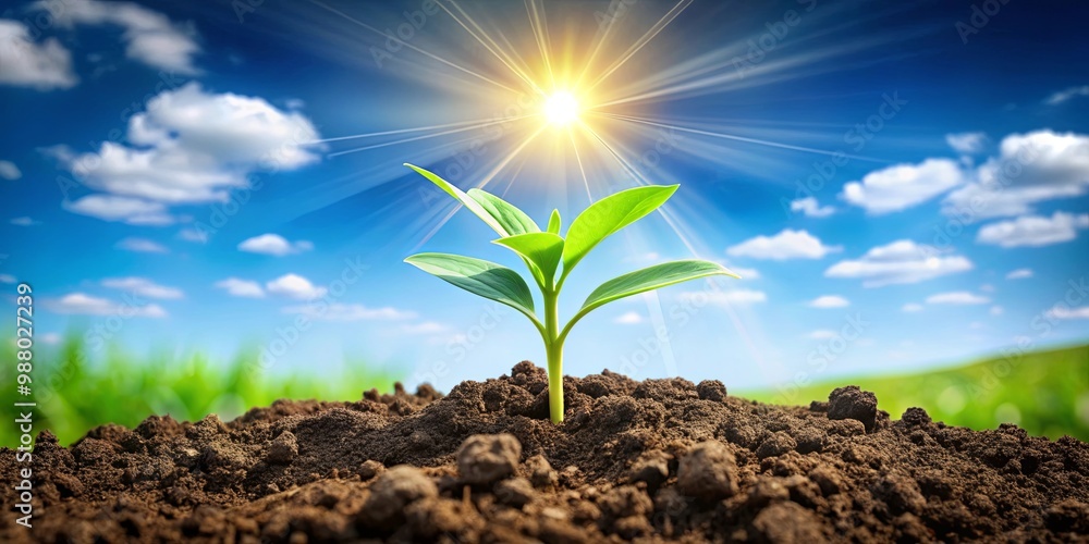 Vibrant green plant growing from fertile ground under a sunny sky background Vibrant green plant growing from fertile ground under a sunny sky background