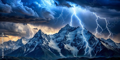 Stormy skies over snowy mountain range with lightning striking peak at night
