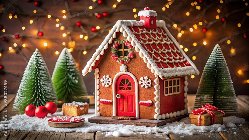 Fototapeta premium Gingerbread house with red door and chimney decorated for the holidays