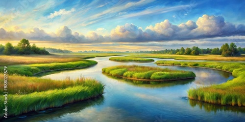 Serene landscape painting of a river winding through lush marshy wetland scenery